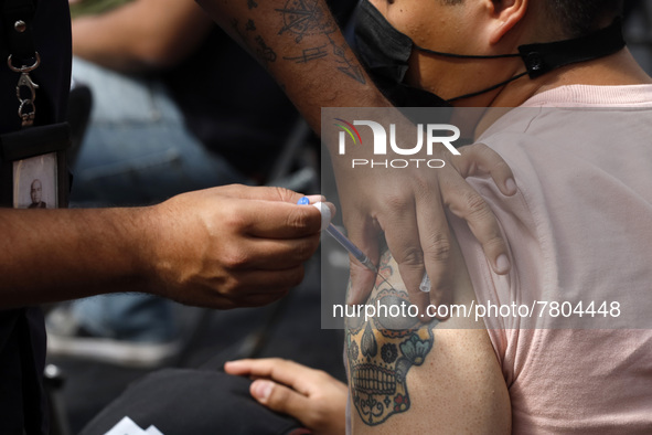 A person receives the Sputnik-V dose booster   inside Sport City facilities, during the mass vaccination campaign for citizens of 18 - 29 ye...