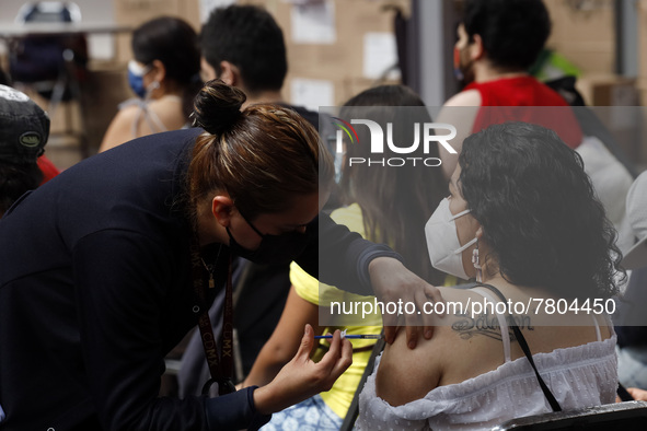 A person receives the Sputnik-V dose booster   inside Sport City facilities, during the mass vaccination campaign for citizens of 18 - 29 ye...