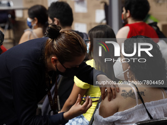 A person receives the Sputnik-V dose booster   inside Sport City facilities, during the mass vaccination campaign for citizens of 18 - 29 ye...