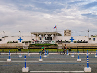 People engage in physical activities at an almost empty drive-thru vaccination site in Manila City, Philippines on February 23, 2022. Metro...