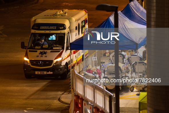 An ambulance brings a patient to the Accident and Emergency ward of Caritas Medical Centre, even as COVID patients are placed in beds outdoo...