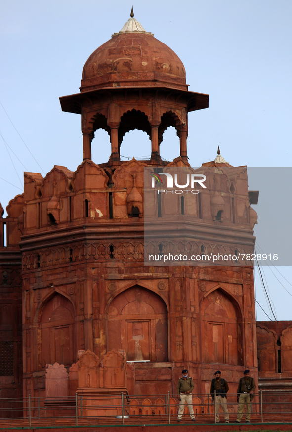 Security personnel stand guard at the ramparts of the Red Fort, in the old quarters of Delhi, India on February 26, 2022. 