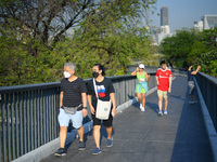 People wearing a face mask as a preventive measure against the spread of COVID-19 walk around sky walk at the Benchakitti Forest Park on Feb...