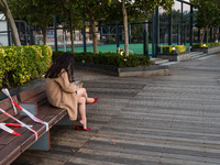 A young lady and her dog sits on a bench wrapped with red tape in Hong Kong, China, on February 27, 2022. (