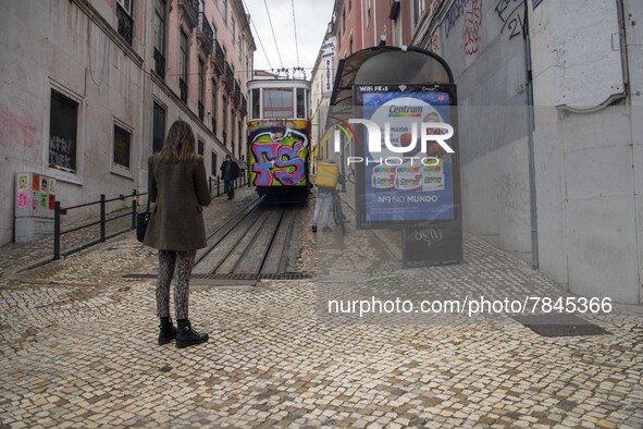 A person is seen walking near the Gloria elevator in the Restauradores neighborhood, Lisbon. February 20, 2022. The Portuguese General Healt...