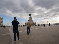 People are seen walking around Praça de Comercio, Lisbon. February 20, 2022.  The Portuguese General Health Direction (DGS) has registered 2...