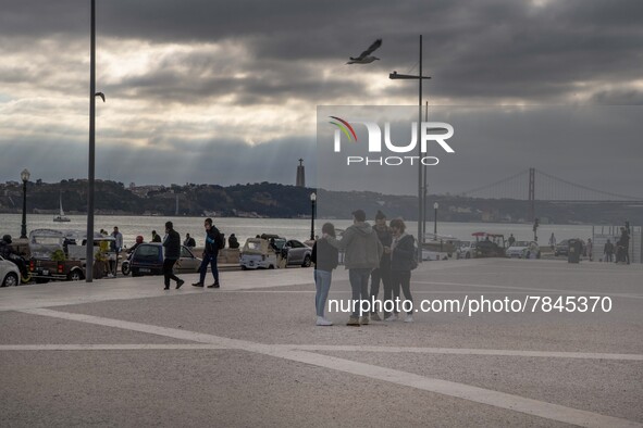 People are seen walking around Praça de Comercio, Lisbon. February 20, 2022. The Portuguese General Health Direction (DGS) has registered 2,...