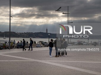 People are seen walking around Praça de Comercio, Lisbon. February 20, 2022. The Portuguese General Health Direction (DGS) has registered 2,...