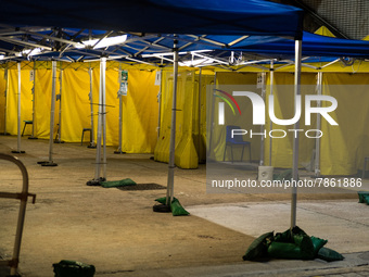 The makeshift triage area of Caritas medical centre in Sham Shui Po is empty of patients, in Hong Kong, China, on March 04, 2022. (