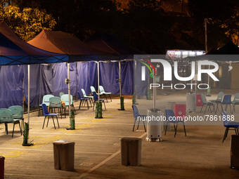 The makeshift triage area of Caritas medical centre in Sham Shui Po is empty of patients, in Hong Kong, China, on March 04, 2022. (