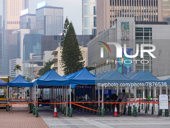 The makeshift testing centre of Endinburgh Place in Central Hong Kong is empty, as there are no more compulsory testing notices, in Hong Kon...