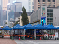 The makeshift testing centre of Endinburgh Place in Central Hong Kong is empty, as there are no more compulsory testing notices, in Hong Kon...