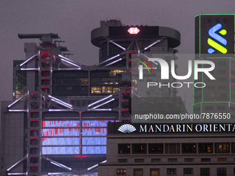 The buildings of the Mandarin Oriental hotel, HSBC bank and Standard Chartered bank can be seen next to each other, in Hong Kong, China, on...