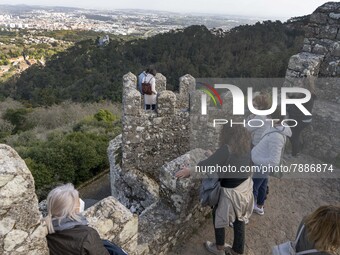 People walk around the Moorish Castle located in the historic centre of Sintra. 28 February 2022. According to the General Health Direction...