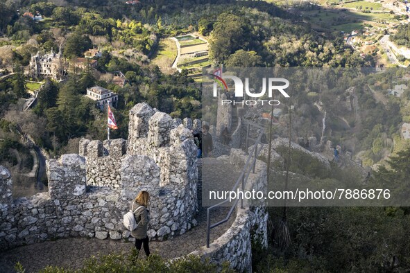 People walk around the Moorish Castle located in the historic centre of Sintra. 28 February 2022. According to the General Health Direction...