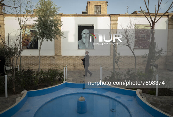 An Iranian man prays while visiting the house of Ayatollah Ruhollah Khomeini, founder and first spiritual leader of the Islamic Republic of...