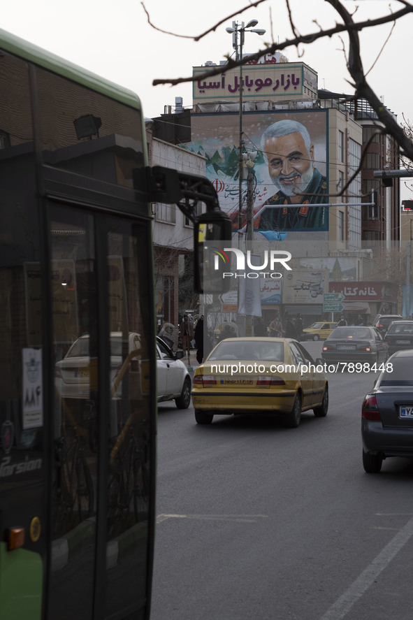 A giant portrait of former commander of Islamic Revolutionary Guard Corps (IRGC) Quds Force, General Qasem Soleimani, is seen on a wall of a...