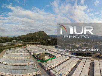  A drone panorama of the San Tin Community Isolation Facility, near the mainland border, in Hong Kong, China, on Mar 12, 2022. (