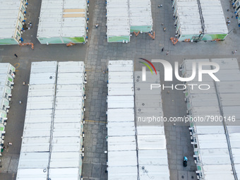  A vertical drone panorama of the Tsing YI Community Isolation Facility, in Hong Kong, China, on Mar 12, 2022. (