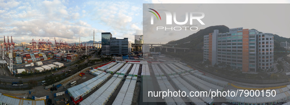  A drone panorama of the Tsing YI Community Isolation Facility, in Hong Kong, China, on Mar 12, 2022. 