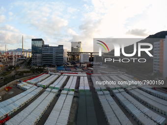  A drone panorama of the Tsing YI Community Isolation Facility, in Hong Kong, China, on Mar 12, 2022. (