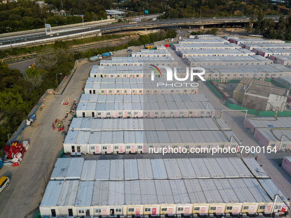  A view by drone of the San Tin Community Isolation Facility, in Hong Kong, China, on Mar 12, 2022. 