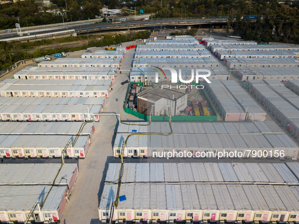  A view by drone of the Santin Community Isolation Facility. In the center, a power distribution centre with generators, in Hong Kong, China...