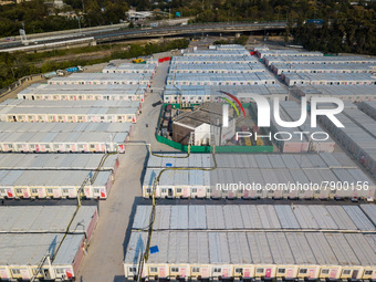  A view by drone of the Santin Community Isolation Facility. In the center, a power distribution centre with generators, in Hong Kong, China...