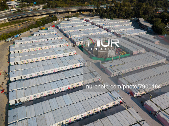  A view by drone of the San Tin Community Isolation Facility, in Hong Kong, China, on Mar 12, 2022. 