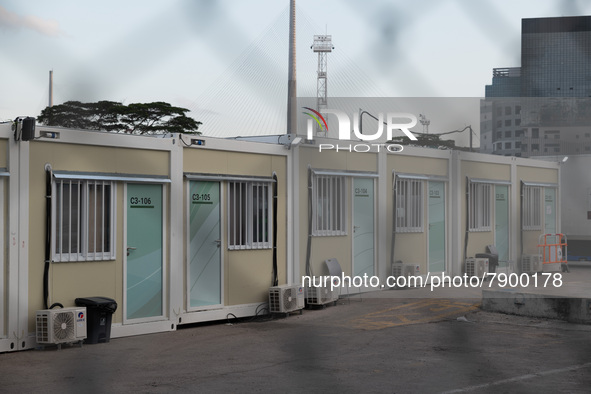  Prefabricated cabins can be seen at the Tsing Yi Community Isolation Facility, in Hong Kong, China, on Mar 12, 2022. 