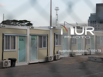  Prefabricated cabins can be seen at the Tsing Yi Community Isolation Facility, in Hong Kong, China, on Mar 12, 2022. (