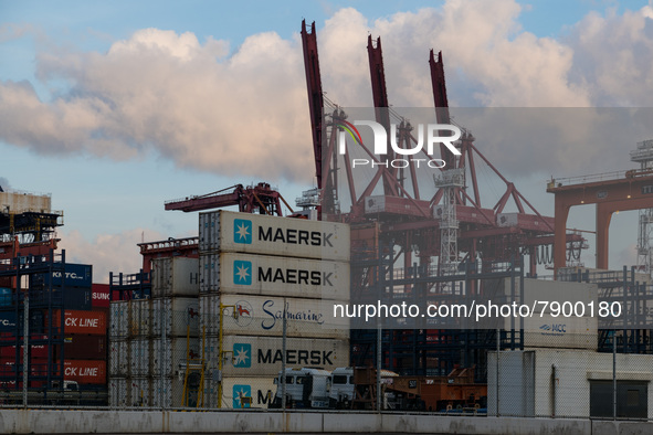  The shipping firm Maersk containers are seen piled up at the Tsing Yi container port, in Hong Kong, China, on Mar 12, 2022. 