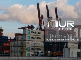  The shipping firm Maersk containers are seen piled up at the Tsing Yi container port, in Hong Kong, China, on Mar 12, 2022. (