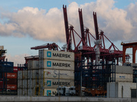  The shipping firm Maersk containers are seen piled up at the Tsing Yi container port, in Hong Kong, China, on Mar 12, 2022. (