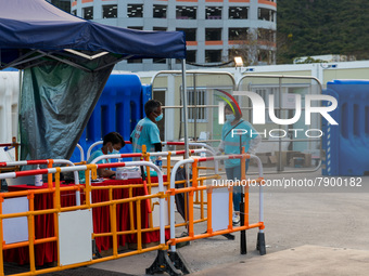  The entrance of the Tsing Yi Community Isolation Facility, in Hong Kong, China, on Mar 12, 2022. (