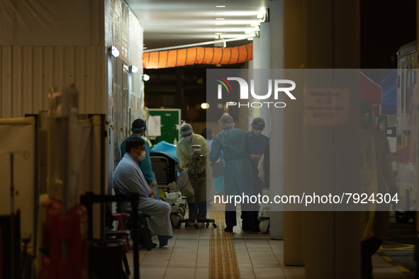 The makeshift outdoor triage area of Princess Margaret Hospital, in Hong Kong, China, on March 16, 2022, in Hong Kong, China, on March 16, 2...