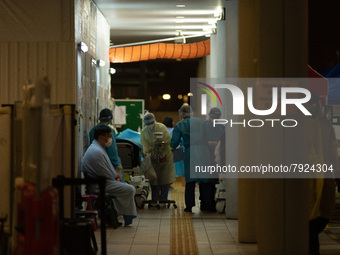 The makeshift outdoor triage area of Princess Margaret Hospital, in Hong Kong, China, on March 16, 2022, in Hong Kong, China, on March 16, 2...