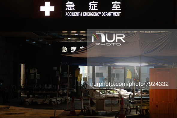 Patients wait for treatment at the Accident & Emergency ward of Caritas Medical Centre, in Hong Kong, China, on March 16, 2022, in Hong Kong...