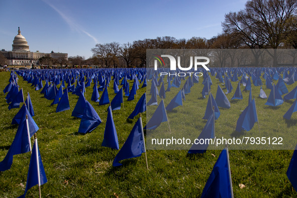 Blue flags are seen on the National Mall in Washington, D.C. on March 18, 2022 as part of the United In Blue art installation. The installat...