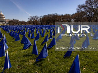 Blue flags are seen on the National Mall in Washington, D.C. on March 18, 2022 as part of the United In Blue art installation. The installat...