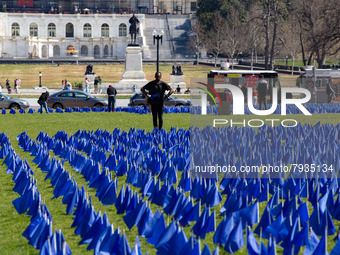 Blue flags are seen on the National Mall in Washington, D.C. on March 18, 2022 as part of the United In Blue art installation. The installat...