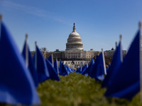 Blue flags are seen on the National Mall in Washington, D.C. on March 18, 2022 as part of the United In Blue art installation. The installat...