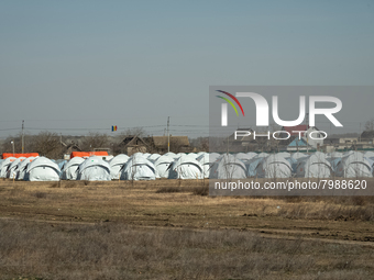 Tent camp built by the Moldovan government is seen from the transit point for refugees in Palanca, south Moldova, on 2022-03-27. (