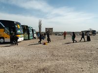 Ukrainian citizens are seen getting the buses at the transit point for refugees in Palanca, south Moldova, on 2022-03-27. (