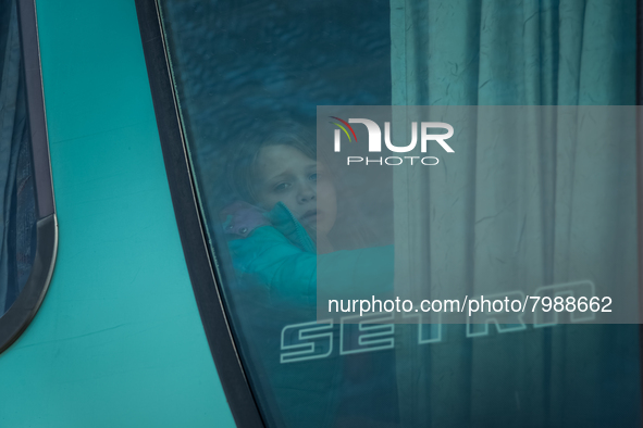 An Ukrainian girl is seen through the screen of a bus headed to Bucarest, Romania, at the transit point for refugees in Palanca, south Moldo...