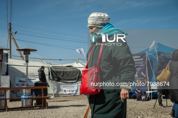 An Ukrainian grandmother is seen at the transit point for refugees in Palanca, south Moldova, on 2022-03-27. 