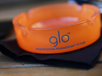 Glo logo is seen on a ashtray in Krakow, Poland on March 28, 2022. (