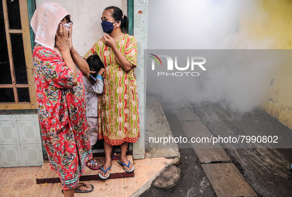 Health officials in the field of public environment carry out fumigation of the environment on residents in Grinding, Jakarta on March 29, 2...