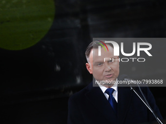 President of Poland Andrzej Duda speaks during a burial service of Polish composer and conductor Krzysztof Penderecki at St. Peter and Paul...