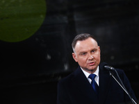 President of Poland Andrzej Duda speaks during a burial service of Polish composer and conductor Krzysztof Penderecki at St. Peter and Paul...